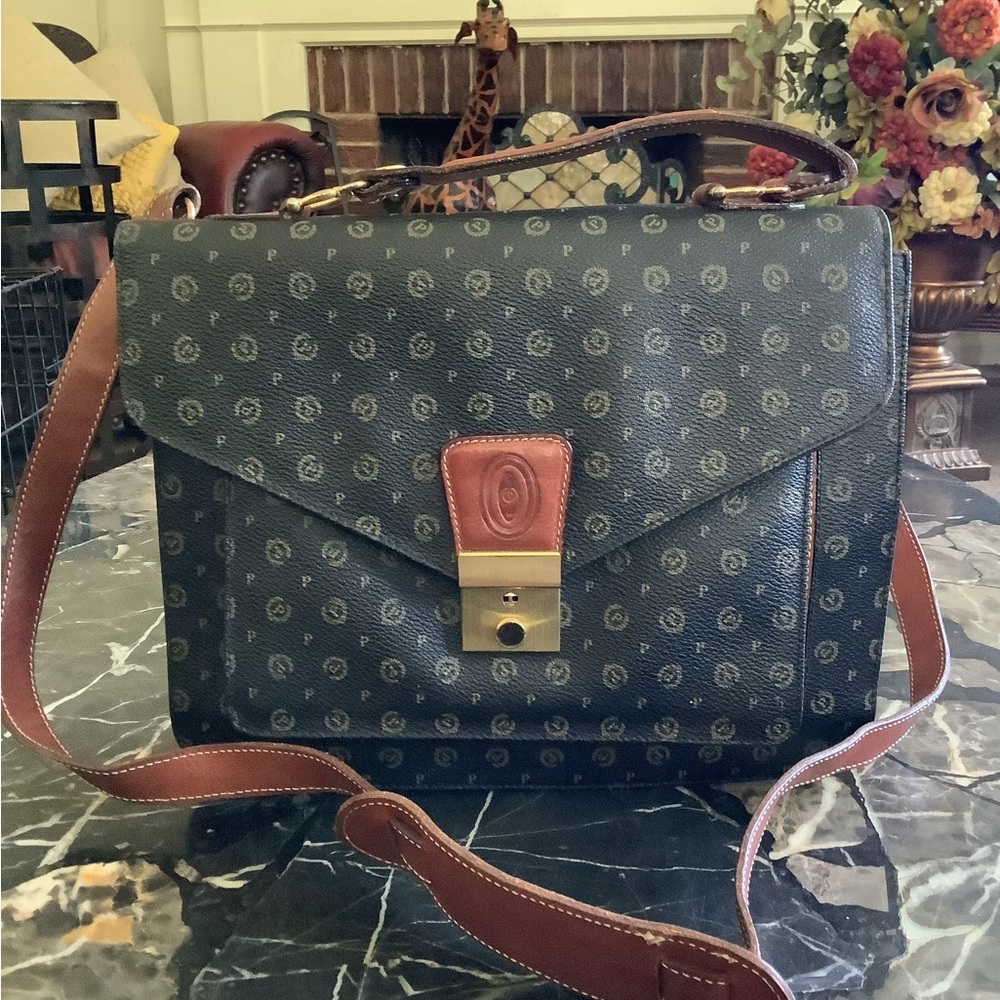 Pollini of Italy black tonal monogram crossbody satchel handbag 12x10